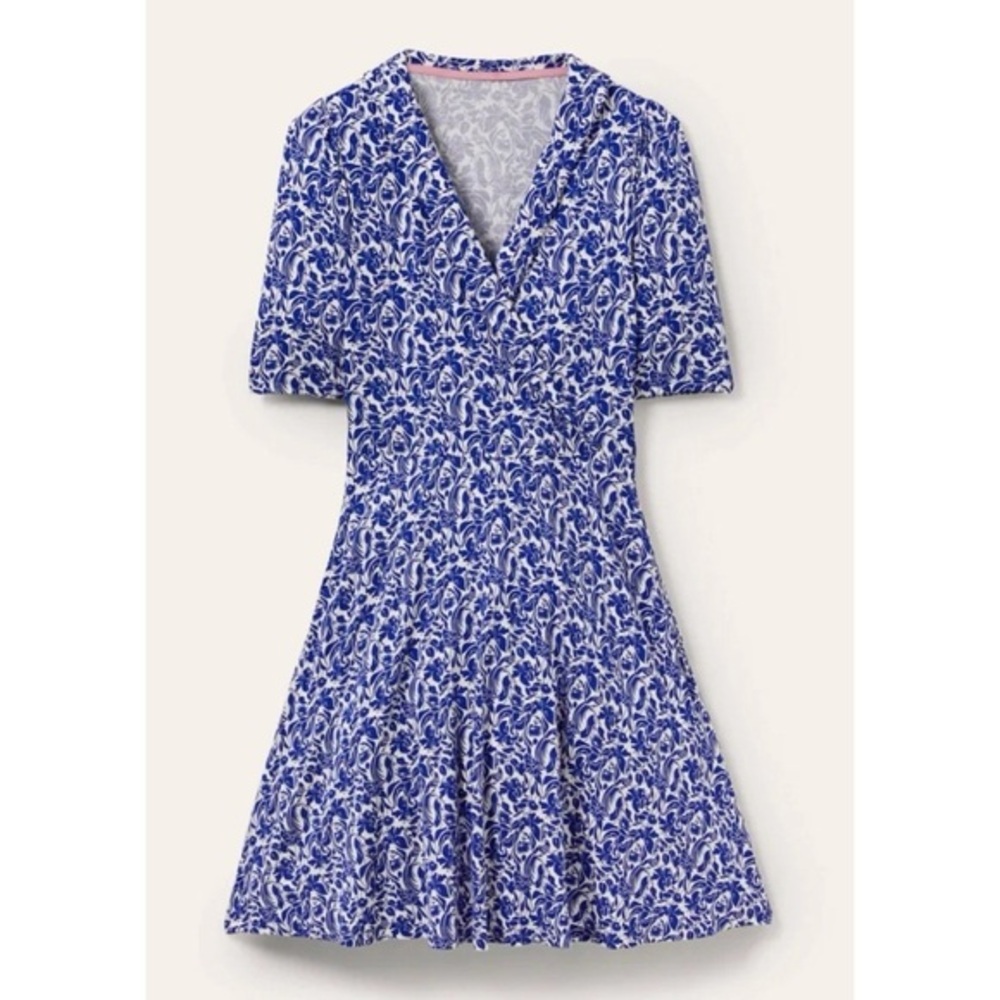 Blue White Fixed Wrap Jersey Dress Elbow Sleeve | Coastal 6L EUC #1120